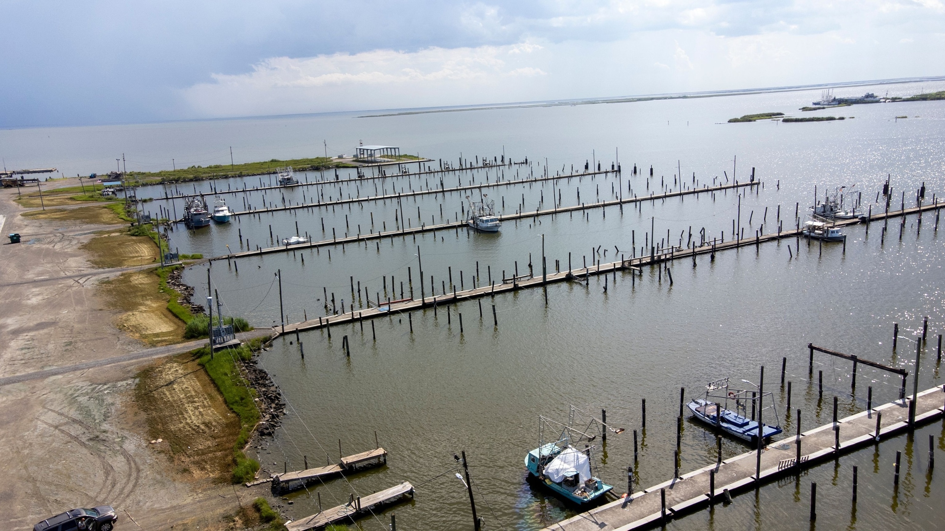 A nearly empty Joshua's Marina set outside the the levee protection and storm surge area in Buras, Louisiana, July 21, 2026.Derick Hingle/EPA/Shutterstock