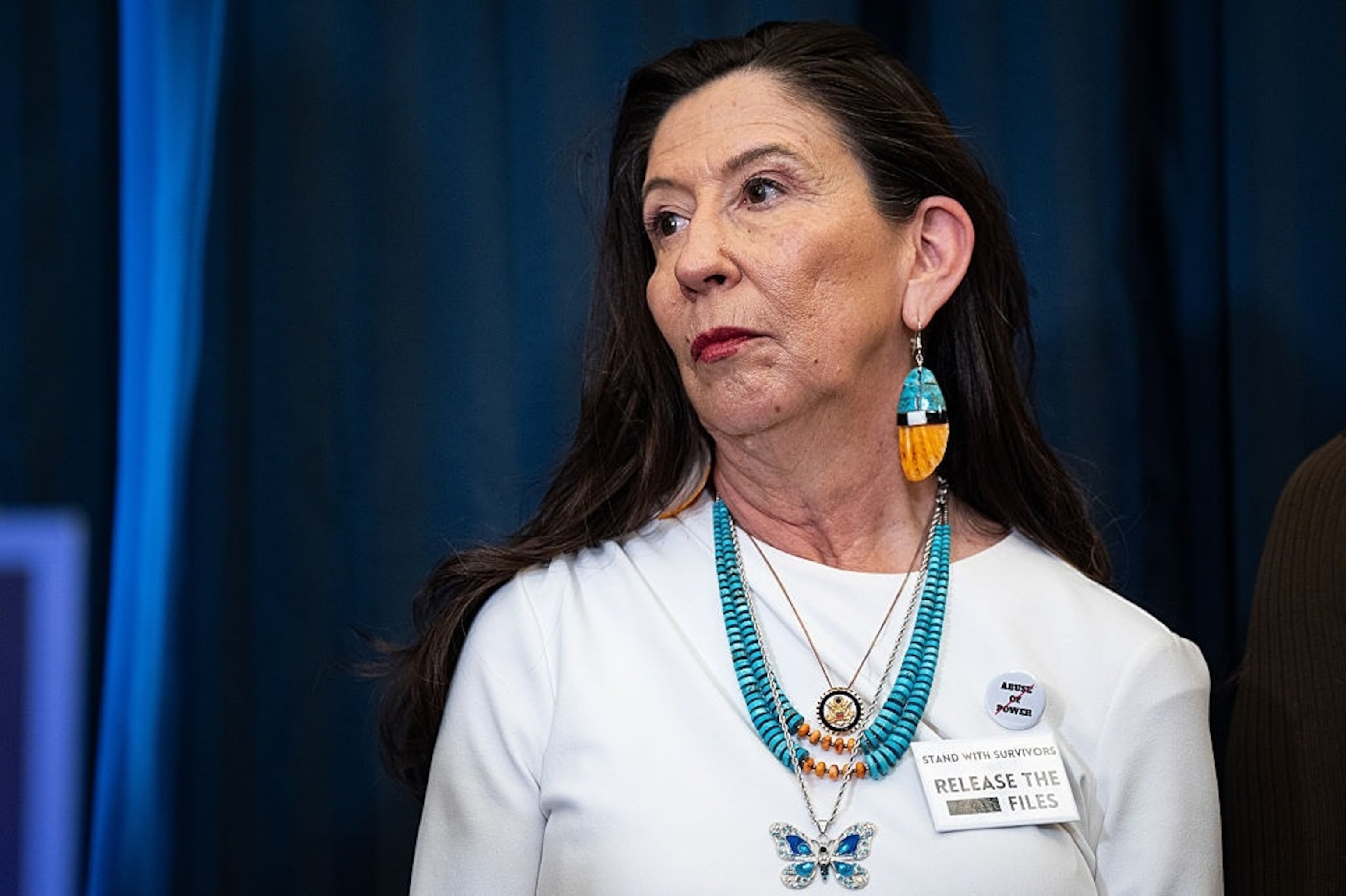 Representative Teresa Leger Fernandez, a Democrat from New Mexico, wears a "Release the Files" badge during an event with survivors of deceased financier Jeffrey Epstein's sex trafficking ring hosted by the Democratic Women's Caucus ahead of the State of the Union address on Capitol Hill in Washington, DC, US, on Tuesday, Feb. 24, 2026. President Donald Trump needs his State of the Union address Tuesday to assuage voters anxious about the economy, foreign policy and even more tariff turmoil. Photographer: Al Drago/Bloomberg via Getty ImagesBloomberg via Getty Images