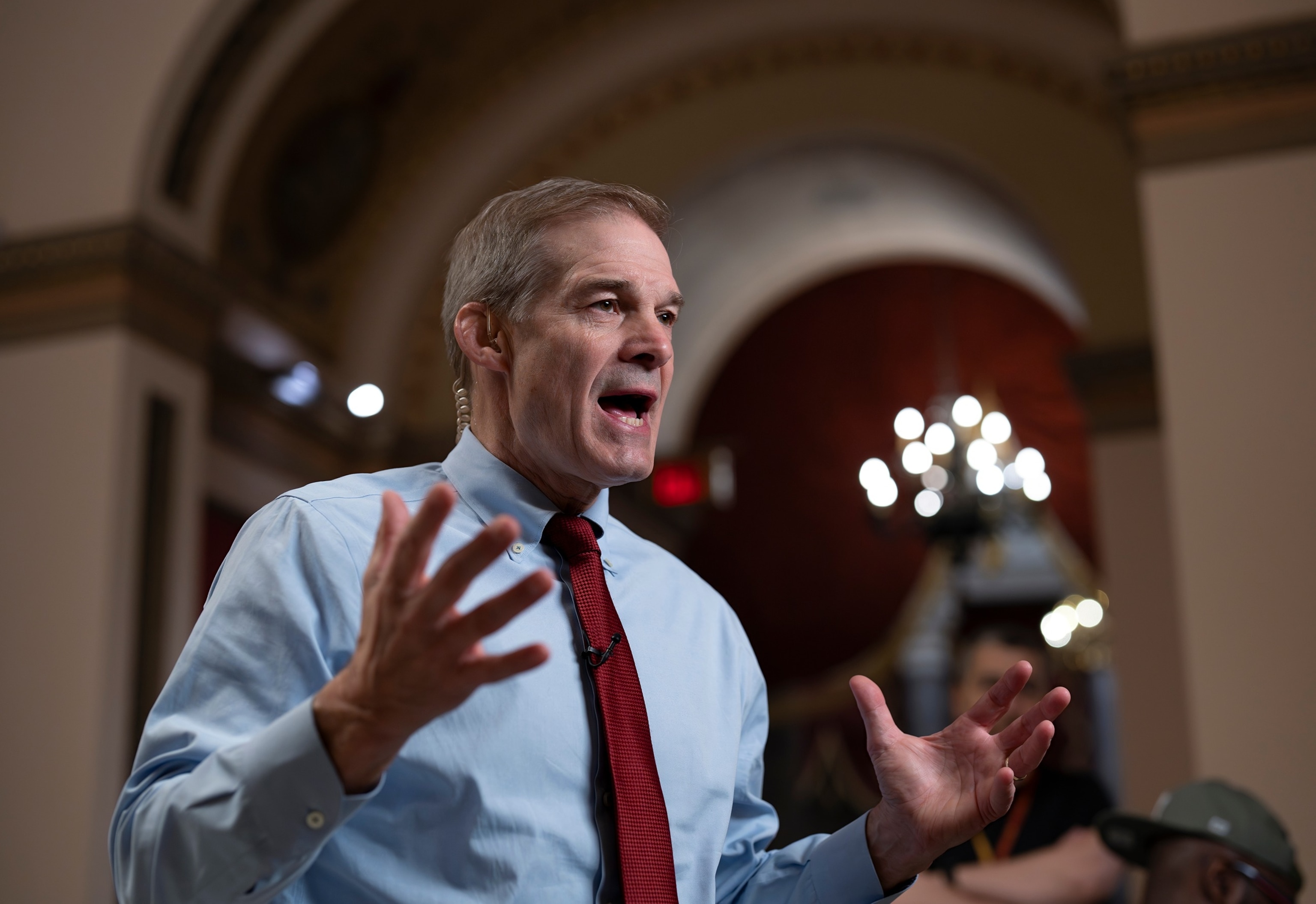 Rep. Jim Jordan, R-Ohio, chairman of the House Judiciary Committee and a member of the conservative House Freedom Caucus, does a TV news interview outside the House chamber the morning after the Senate approved Department of Homeland Security funds but not for immigration operations, at the Capitol in Washington, Friday, March 27, 2026.J. Scott Applewhite/AP
