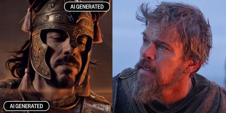 Odysseus in the AI-generated film "Odysseus: The Fall" and Matt Damon in "The Odyssey."Fountain 0; Universal Pictures