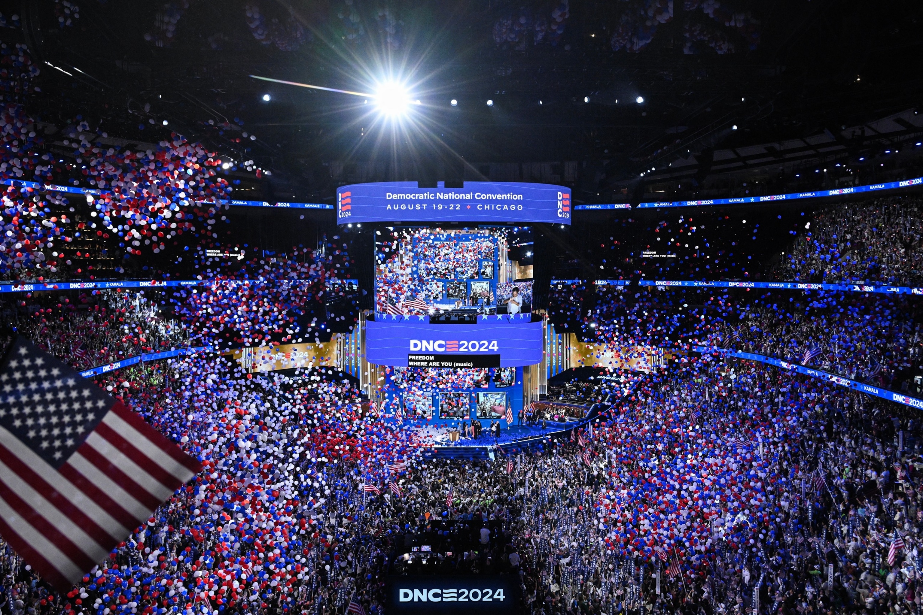 Balloons fall as US Vice President and Democratic presidential candidate Kamala Harris concludes her remarks at the end of the fourth and last day of the Democratic National Convention (DNC) at the United Center in Chicago, Aug. 22, 2024.Mandel Ngan/AFP via Getty Images