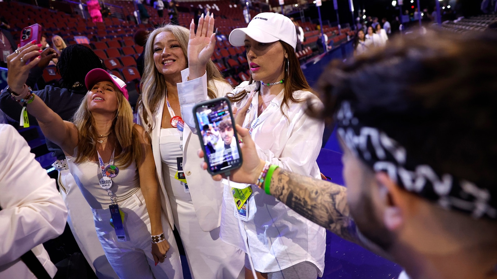 Social media influencers produce content during the final day of the Democratic National Convention, August 22, 2024 in Chicago.Kevin Dietsch/Getty Images