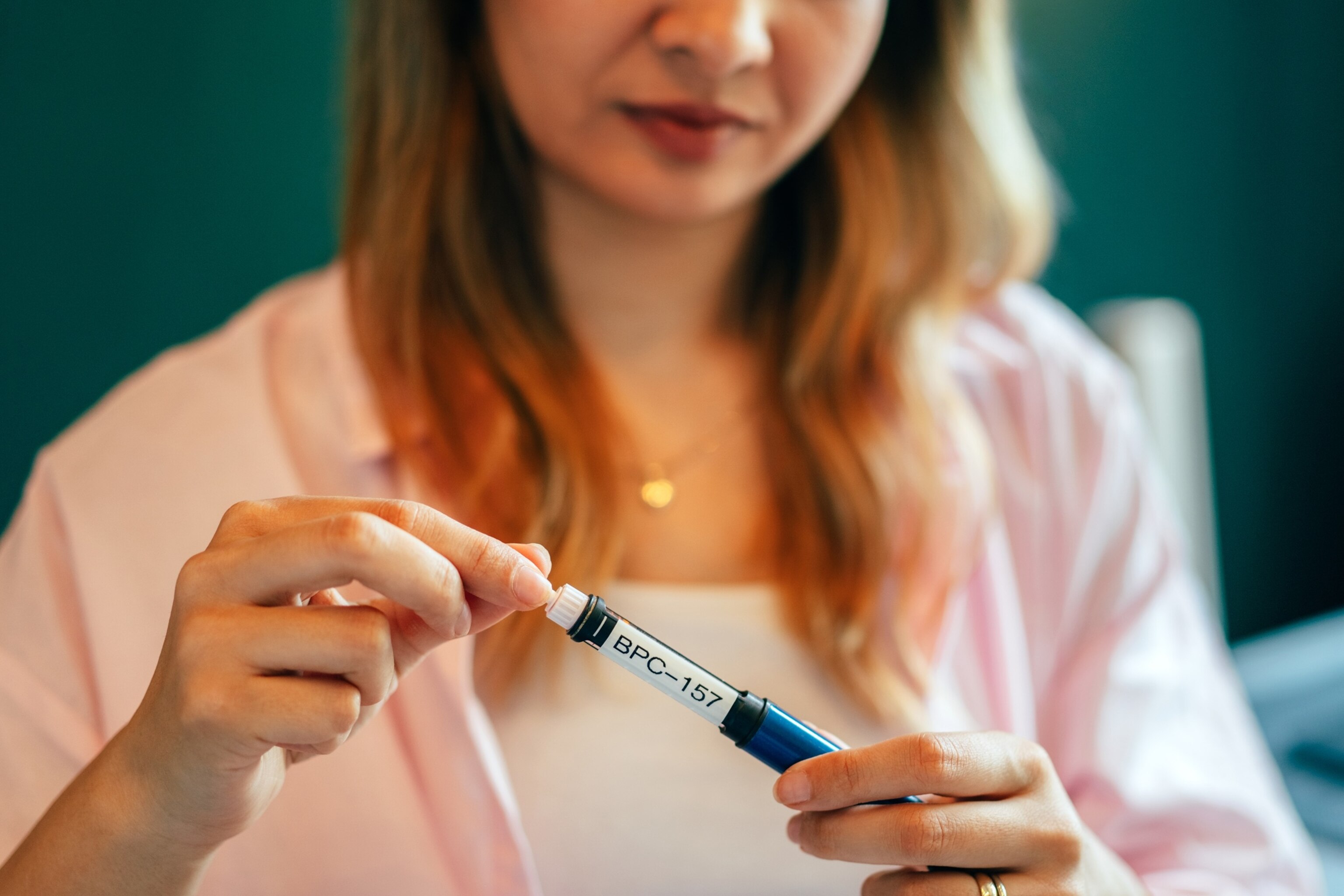 Stock photo of a woman holding BPC-157 peptide injection pen at home.Martin-dm/STOCK PHOTO/Getty Images