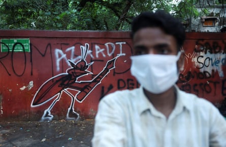 A supporter of India’s Cockroach Janata party (CJP) stands next to graffiti of a cockroach holding a pen at the protest site at Jantar Mantar in Delhi.Photograph: Francis Mascarenhas/Reuters