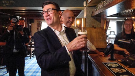 Andy Burnham at the Hare pub in Harlow, Essex, on Thursday after announcing a tax break for the hospitality industry.Photograph: Richard Pohle/The Times/PA