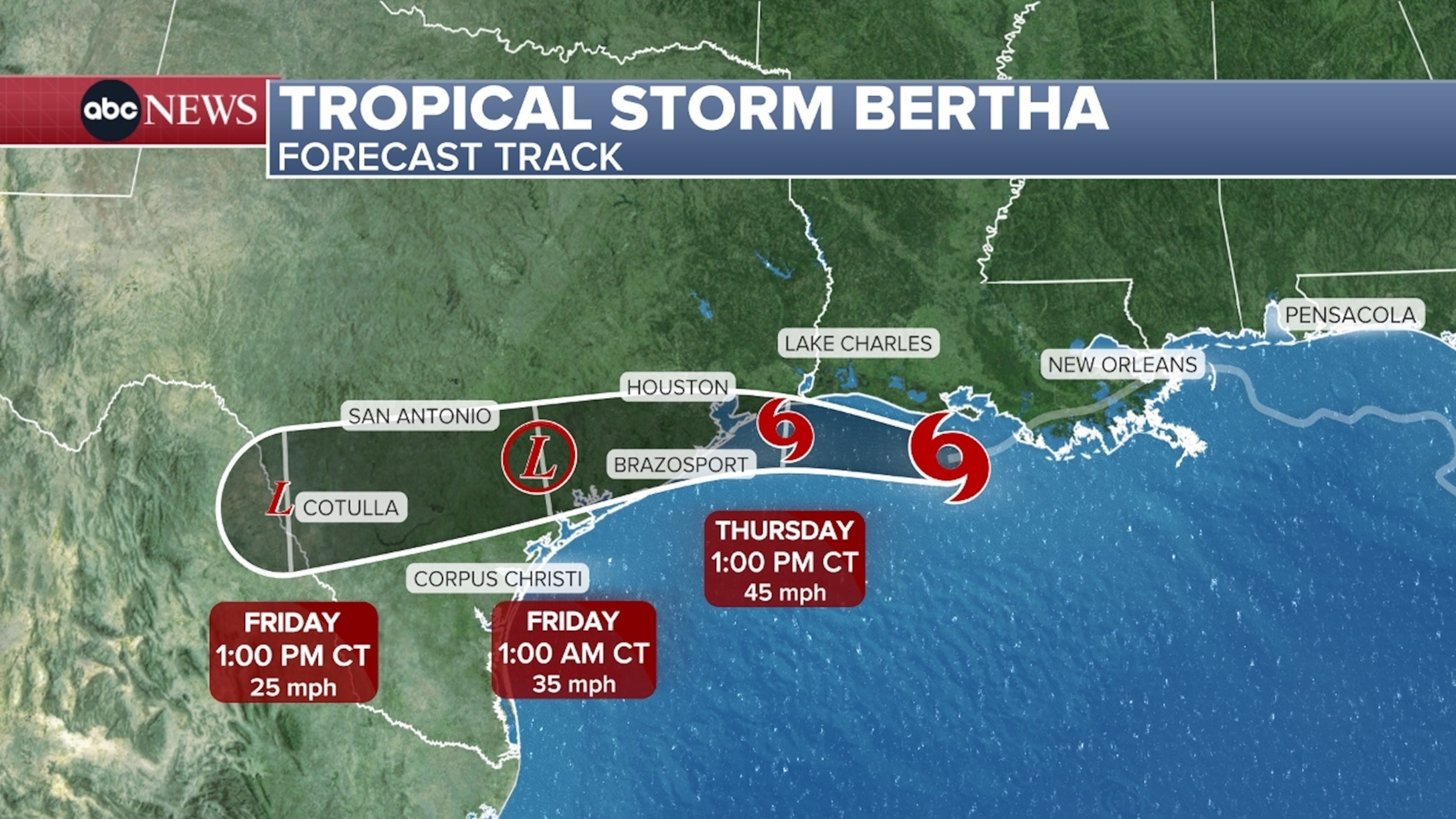 Tropical Storm Bertha heading across Texas, July 23, 2026.ABC News