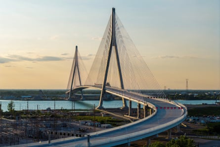 The $4.7bn Gordie Howe International Bridge, connecting Windsor, Ontario and Detroit, Michigan.Photograph: Carlos Osorio/Reuters