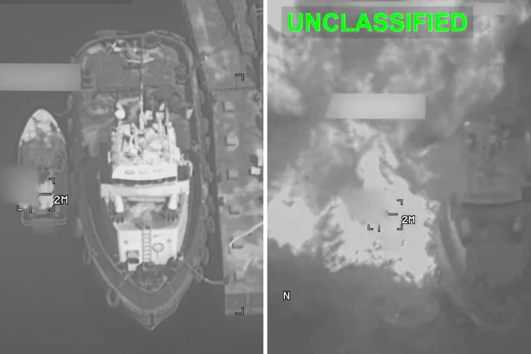 A boat is targeted during U.S. strikes on Iranian military targets, in this screengrab taken from a Central Command video released Thursday.U.S. Central Command / via X