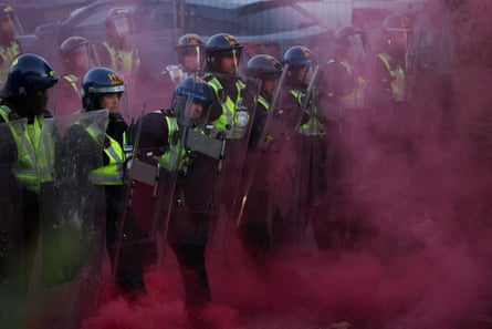 Twelve police officers were injured during the clashes with protesters in Southampton last month.Photograph: Isabel Infantes/Reuters