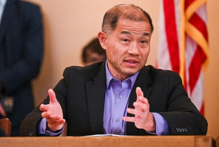 John Liu during a state senate judiciary committee hearing on 17 April 2023 in Albany, New York.Photograph: Hans Pennink/AP