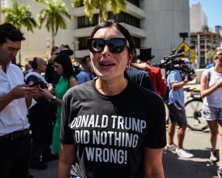 Laura Loomer outside court in 2023 as Trump was to appear on charges including possession of national security documents after leaving office and making false statements.Photograph: Stephanie Keith/Getty Images