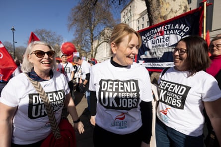 Sharon Graham, centre, the general secretary of Unite, warned against ‘handing the British space industry over to the Americans’.Photograph: Graeme Robertson/The Guardian