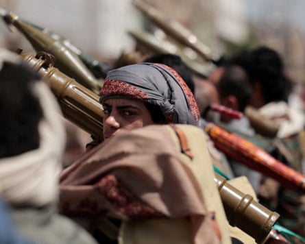 Houthi fighters take part in a pro-Iran rally in Sana’a, Yemen, in April.Photograph: Khaled Abdullah/Reuters