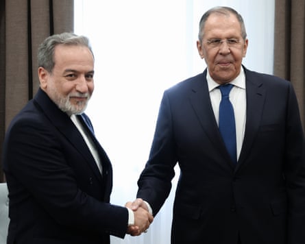 Iran’s foreign minister, Abbas Araghchi (left), meets his Russian counterpart, Sergei Lavrov, in Kyrgyzstan on Friday.Photograph: Russian Foreign Ministry Press Service/AP