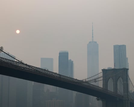 Smoke from Canadian wildfire smoke hanging in the air over New York last week.Photograph: Christopher Neundorf/EPA