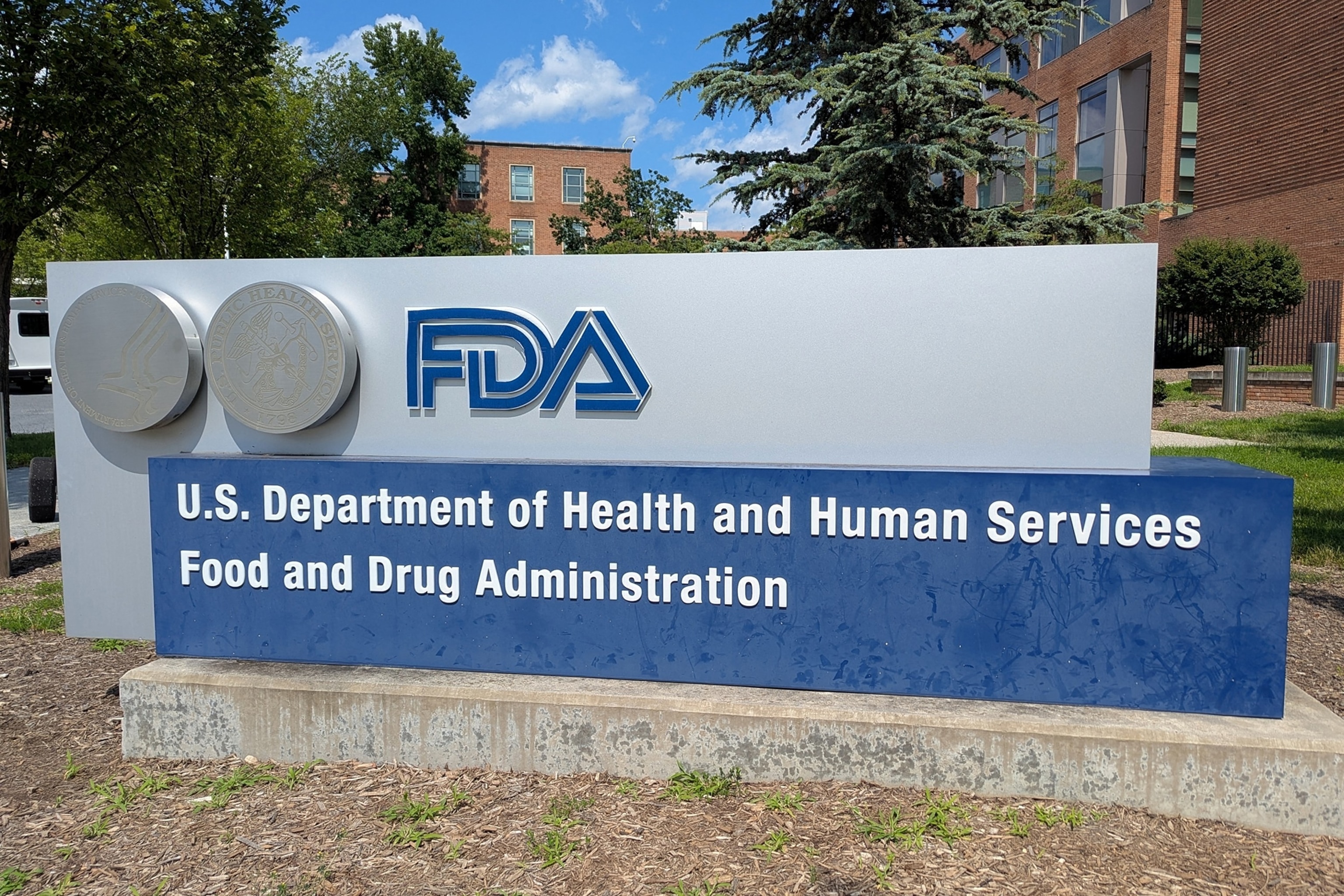 The logo of the US Food and Drug Administration (FDA) is seen on a sign outside the agency's White Oak campus in Silver Spring, Maryland, on July 17, 2025.Issam Ahmed/AFP via Getty Images