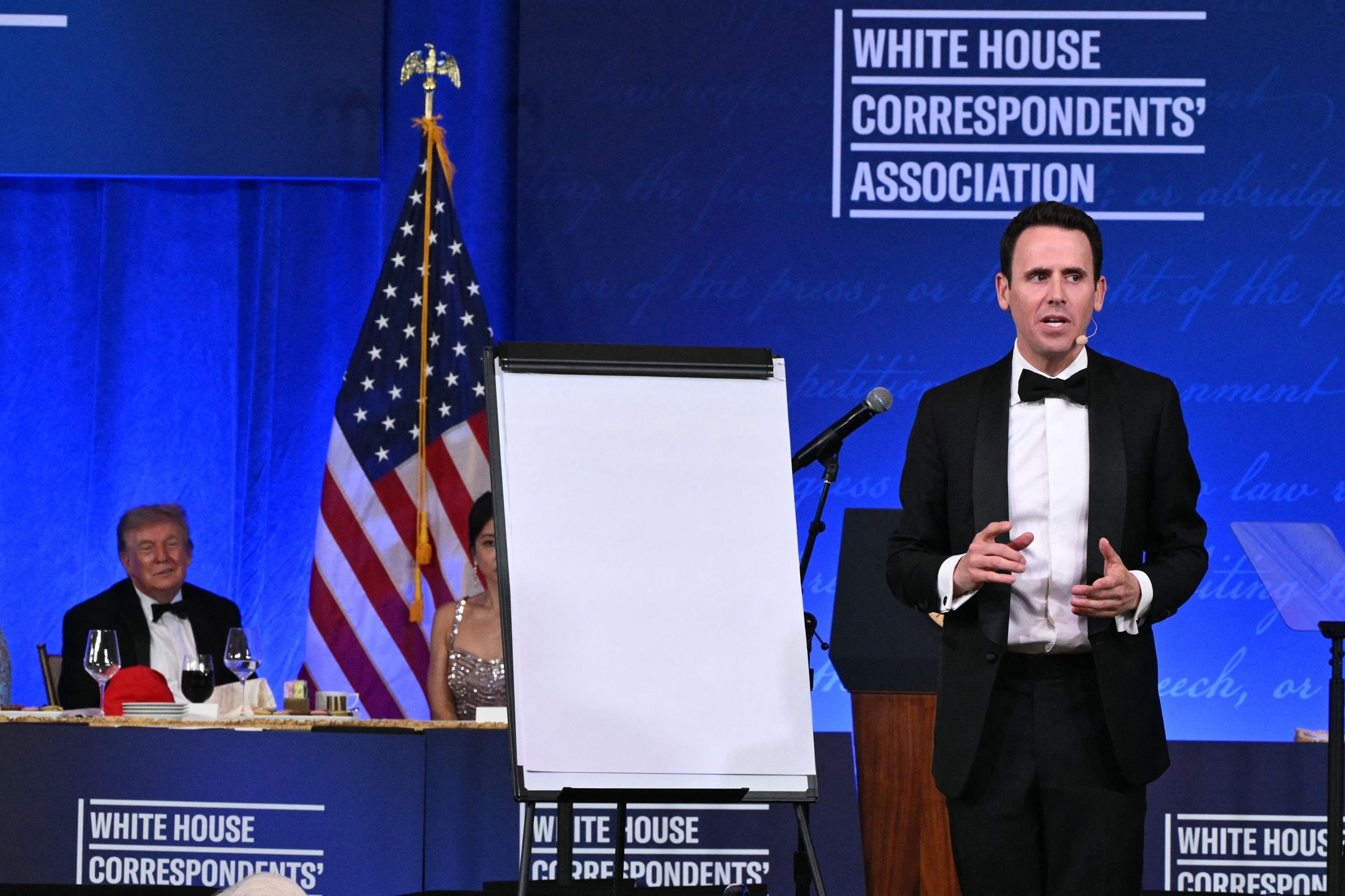 Israeli-US magician Oz "Oz the Mentalist" Pearlman performs during the 2026 White House Correspondents' Association Dinner s President Donald Trump listens at the Waldorf Astoria in Washington, July 24, 2026.Mandel Ngan/AFP via Getty Images