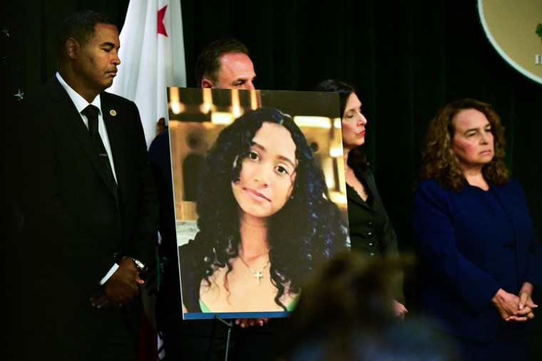 A portrait of Celeste Rivas Hernandez is displayed during a press briefing by the Los Angeles County district attorney on the case against D4vd in Los Angeles, in April.Frederic J. Brown / AFP via Getty Images