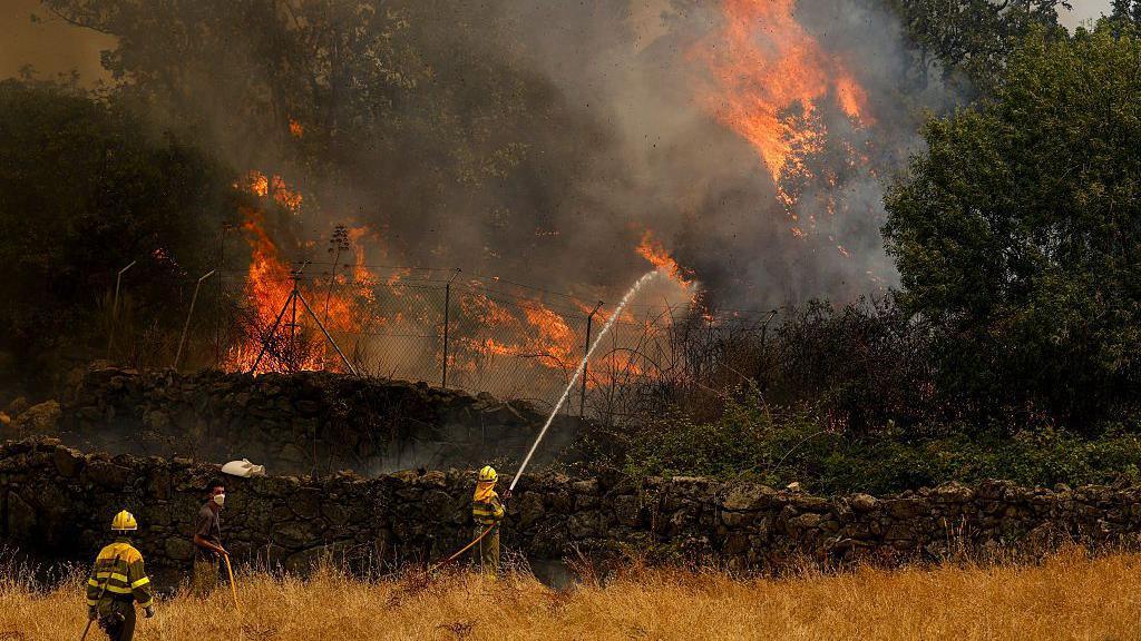 Image caption,Firefighters and civilians attempt to extinguish a wildfire as it approaches house in Spain's Ávila province