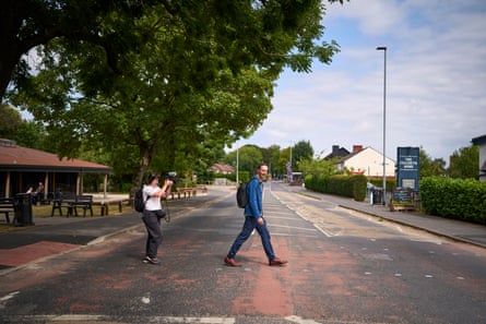 The Guardian’s Richard Partington being filmed in Culcheth, his and Andy Burnham’s home town.Photograph: Christopher Thomond/The Guardian