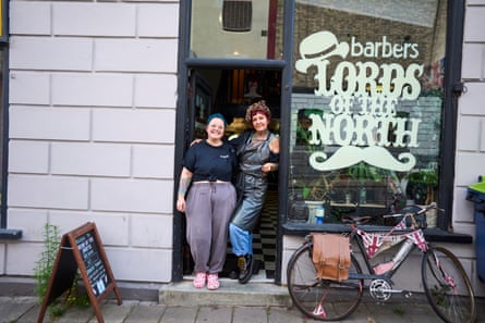 Nicole Egan (left) and Cheryl Good at Lords of the North barbers in Warrington.Photograph: Christopher Thomond/The Guardian