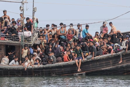 Newly arrived Rohingya refugees are stranded on a boat as they were denied permission to land, Pineung, Aceh province, Indonesia, November 2023.Photograph: Amanda Jufrian/AFP/Getty Images