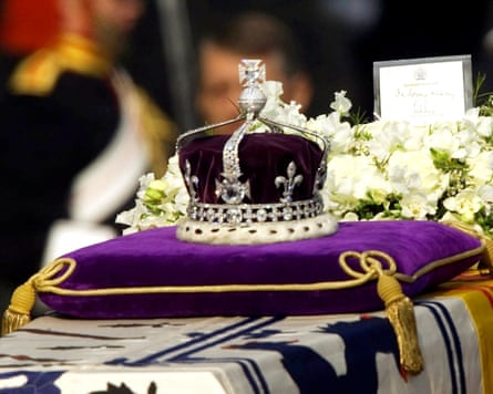 The Koh-i-noor diamond sits in a crown on the coffin of Britain’s late Queen Mother Elizabeth.Photograph: Alastair Grant/AP