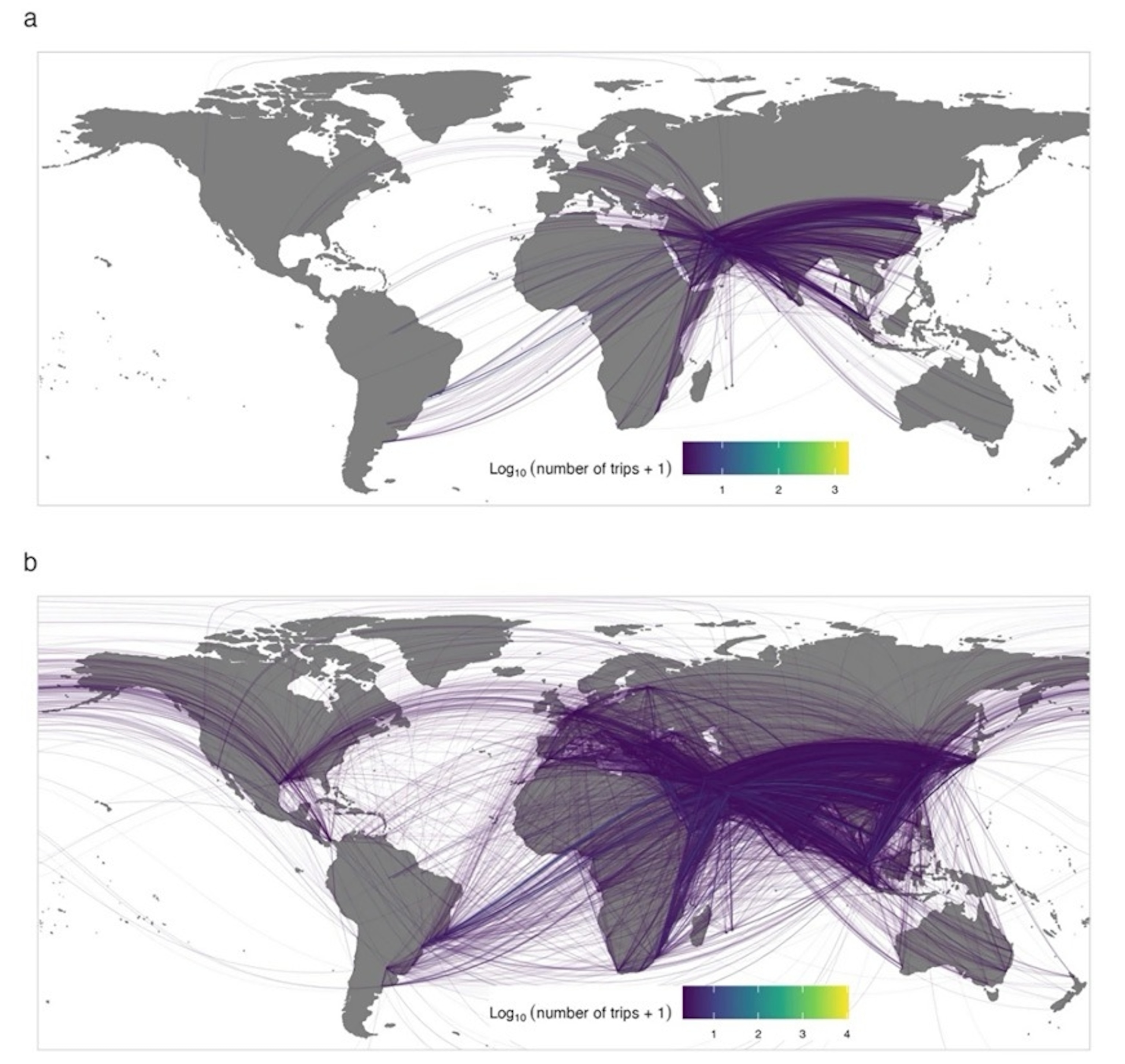 The full shipping network consists of 3,027 unique ships, making 248,362 calls to 3,517 unique ports and anchorages. a is the connectivity of global source–destination port pairs for commercial shipping traffic after ships leave the Gulf region starting February 27, 2025, indicating common global reach in one month after departure. b is the connectivity of global source–destination port pairs for commercial shipping traffic starting February 27, 2025, after ships leave the Gulf region, indicating potential global reach in one year after departure.as presented in Tamburri et al., Biological Invasions 28, 177 (2026).