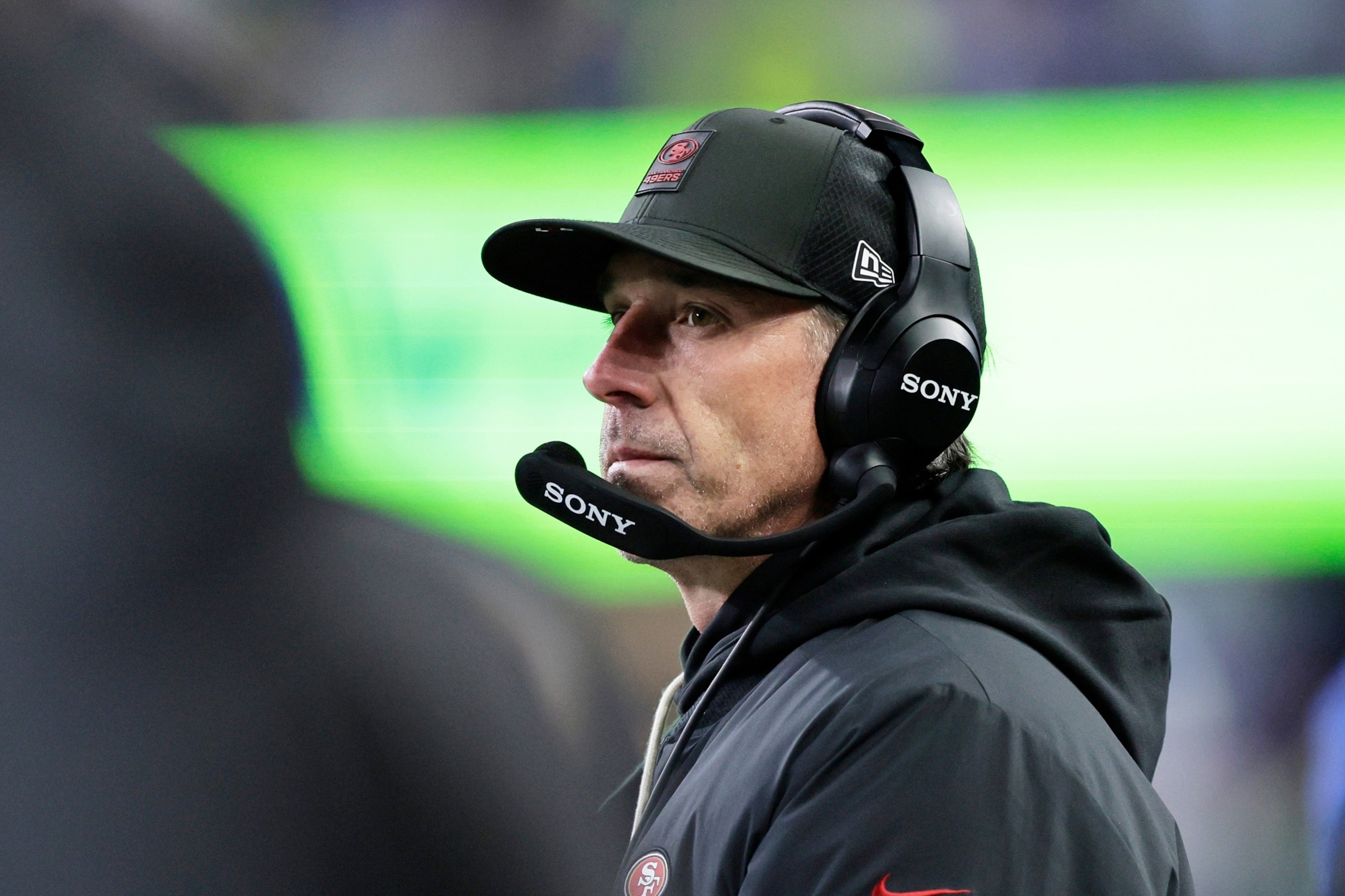 In this Jan. 17, 2026, file photo, San Francisco 49ers head coach Kyle Shanahan looks to the field during the second half of an NFL football divisional playoff game against the Seattle Seahawks, in Seattle.John Froschauer/AP Photo, FILE