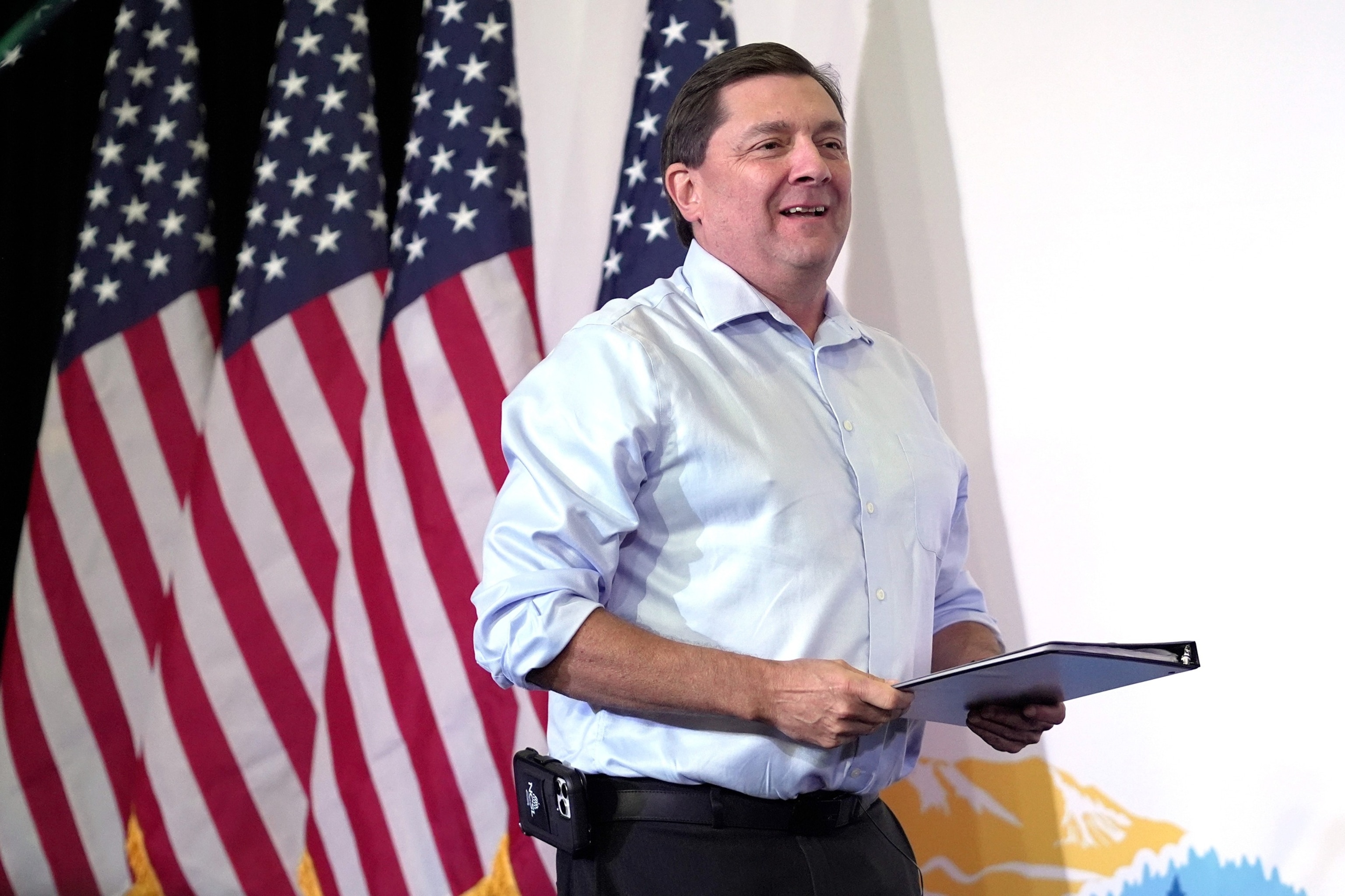 Troy Jackson, Democratic candidate for U.S. Senate, takes the stage at the Maine Democratic Nominating Convention, on July 25, 2026, in Bangor, Maine.Robert F. Bukaty/AP Photo