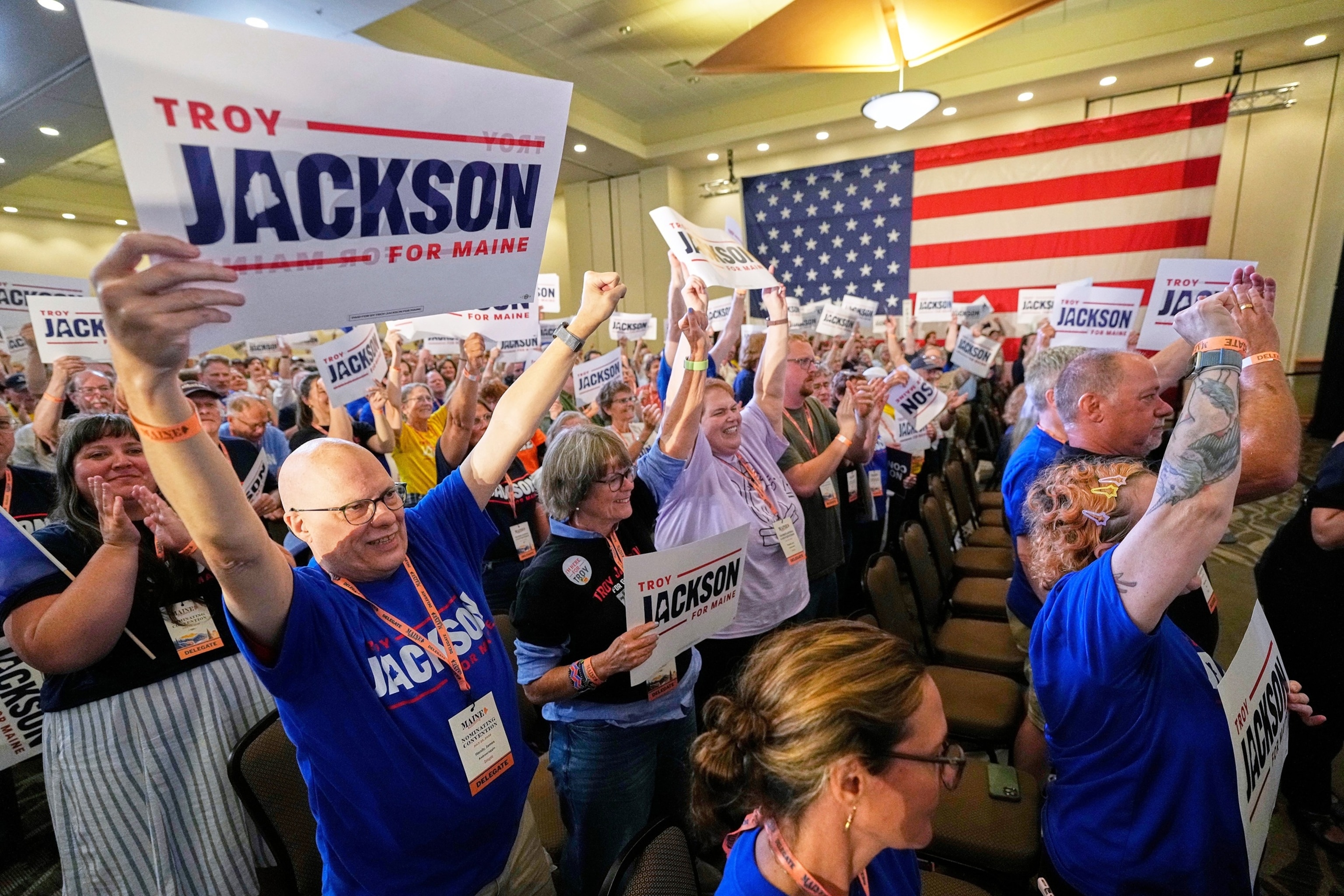 Delegates cheer for Troy Jackson, Democratic candidate for U.S. Senate, at the Maine Democratic Nominating Convention, on July 25, 2026, in Bangor, Maine.Robert F. Bukaty/AP Photo
