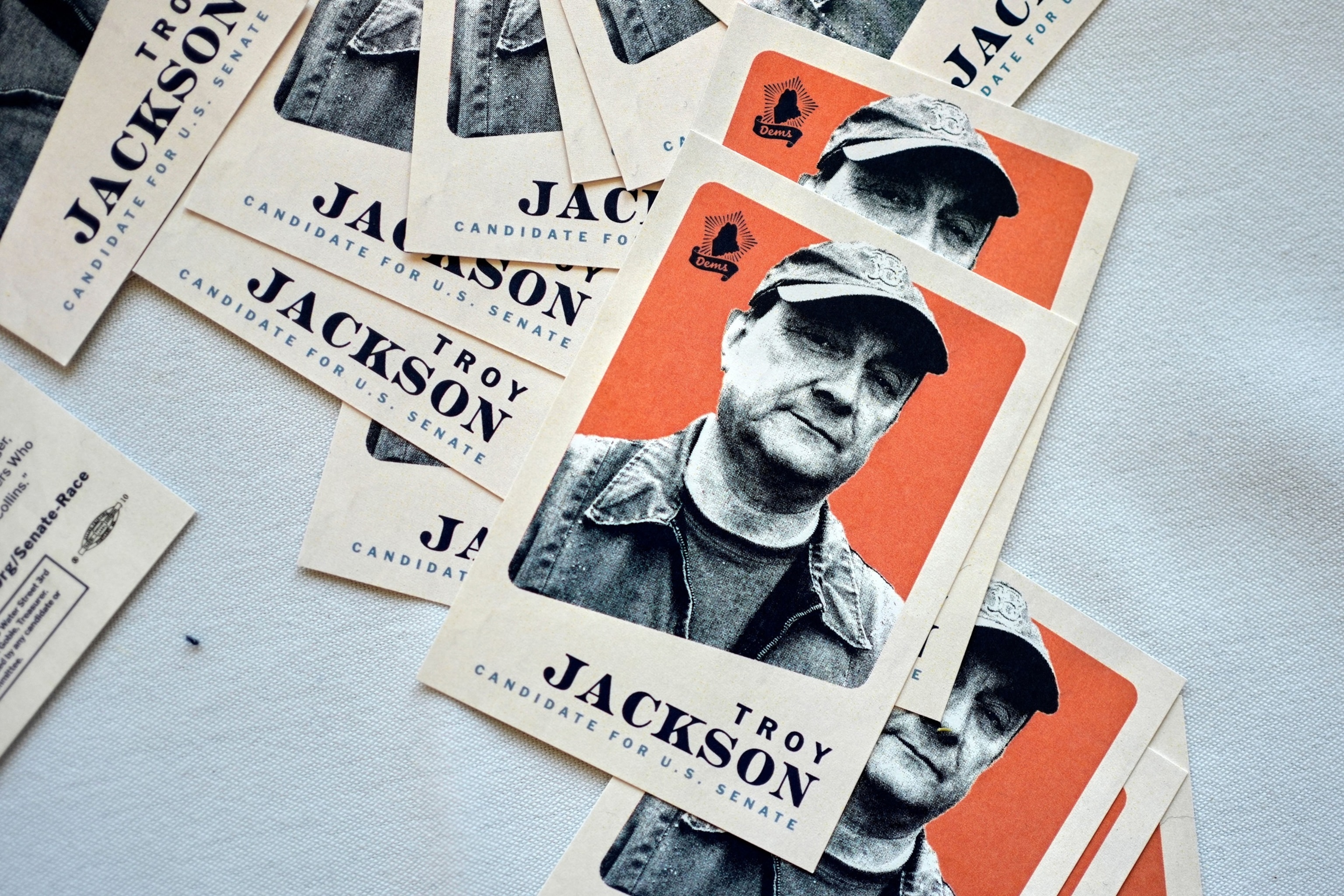 Camapign cards for Troy Jackson, Democratic candidate for U.S. Senate, are displayed in the lobby of the Maine Democratic Nominating Convention, on July 25, 2026, in Bangor, Maine.Robert F. Bukaty/AP Photo