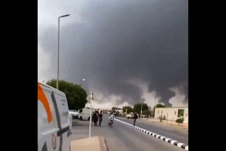 A screen grab of video footage posted on social media showing smoke rising after strikes on the Saudi Aramco refinery in Jizan.Photograph: UGC/UNKNOWN/AFP/Getty Images
