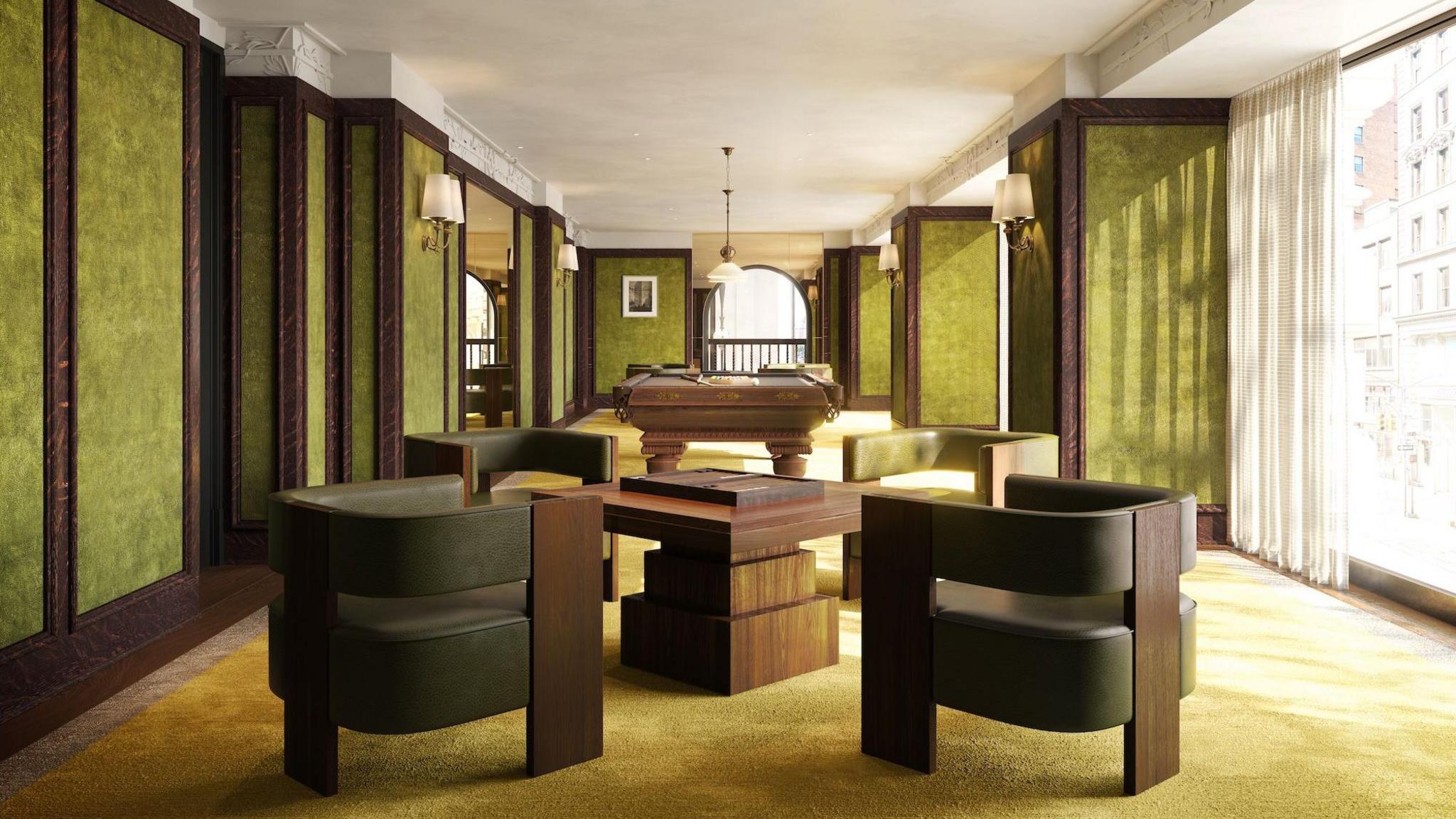 Image caption,A rendering of the mezzanine game room, one of several amenities that will be offered to new residents