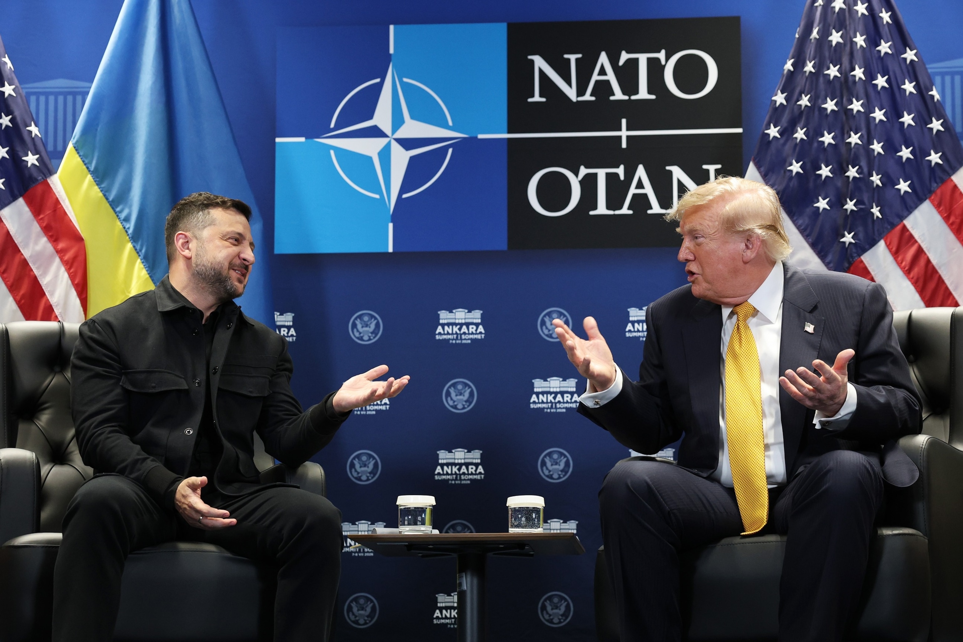 U.S. President Donald Trump (R) meets with Volodymyr Zelenskyy, President of Ukraine (L) for bilateral talks at Bestepe Presidential Compound during the NATO Summit on July 08, 2026 in Ankara, Turkey.Win Mcnamee/Getty Images