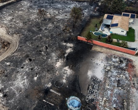 A drone view of an area burned by the wildfire in the village of Le Porge, Gironde.Photograph: Manon Cruz/Reuters