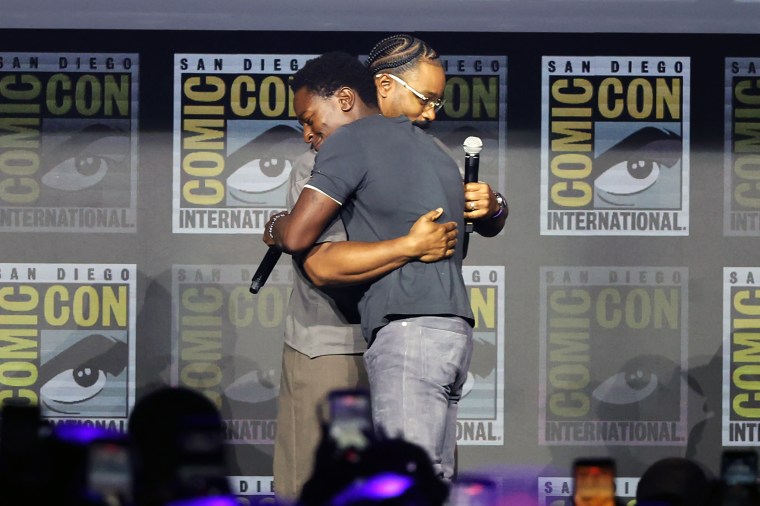David Jonsson and Ryan Coogler onstage during the Marvel Studios panel on Saturday.Joe Scarnici / Getty Images for Disney