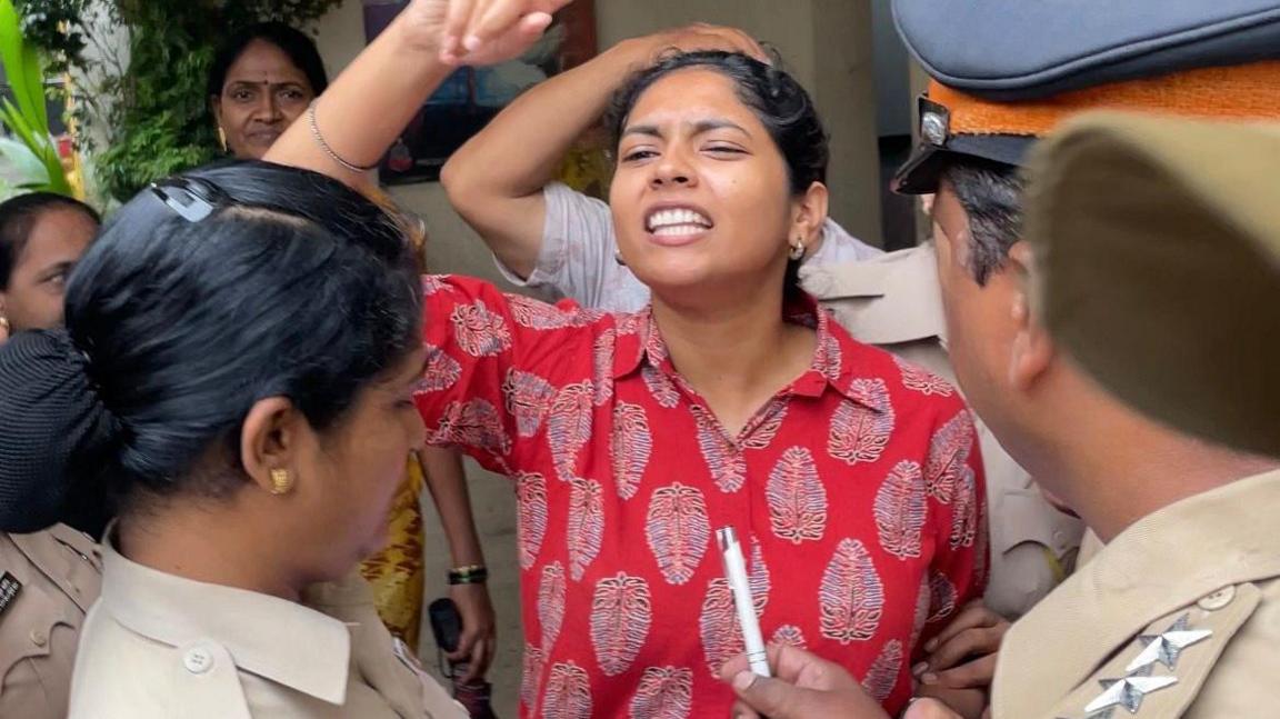 Image caption,Somaya Korde was detained by the police at her home after she circulated an online message urging people to gather for a protest