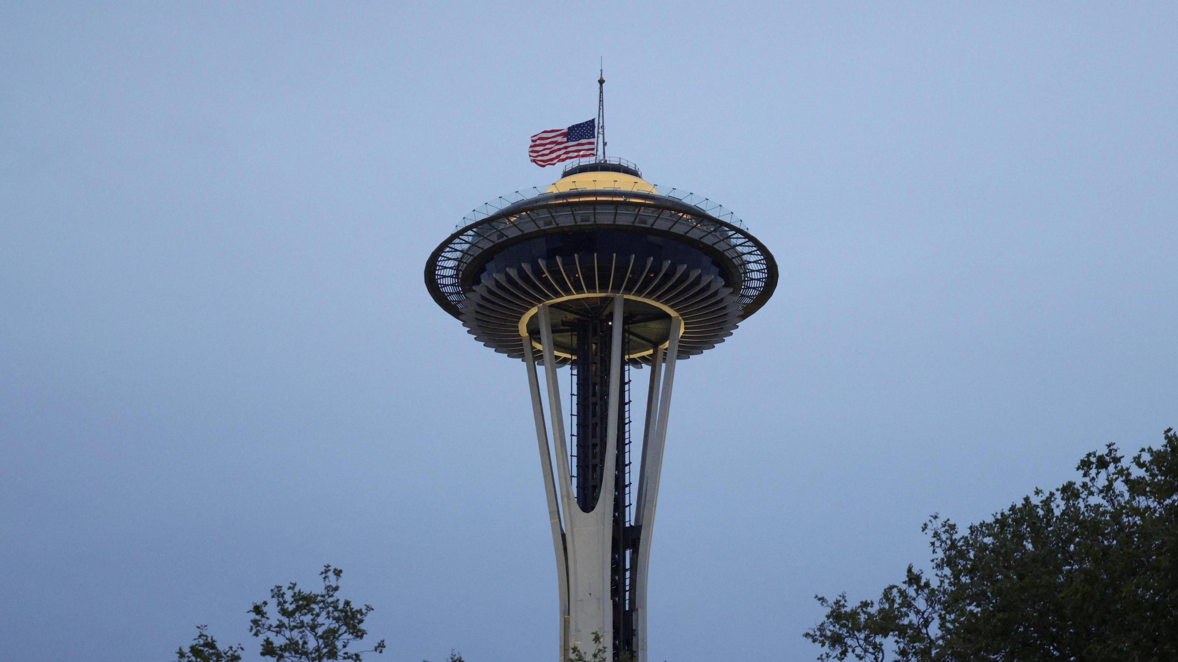 Image caption,The US flag on top of the Space Needle was lowered to half-mast after the shooting