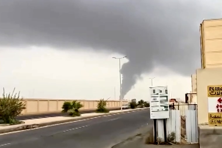 Plume of smoke rise in Jizan, Saudi Arabia, as Yemen's Iran-aligned Houthis said Saturday they carried out operations targeting Saudi Aramco facilities.via Reuters