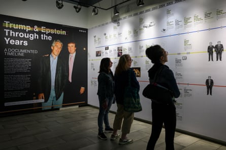 An exhibition of Jeffrey Epstein documents created by the Institute for Primary Facts in New York in May.Photograph: Angela Weiss/AFP/Getty Images