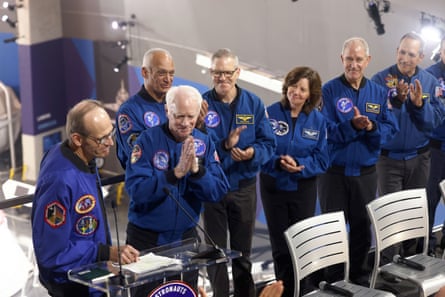 Few members of Astronauts for America speak onstage during the campaign launch.Photograph: Tommaso Boddi/Getty Images for Astronauts for America