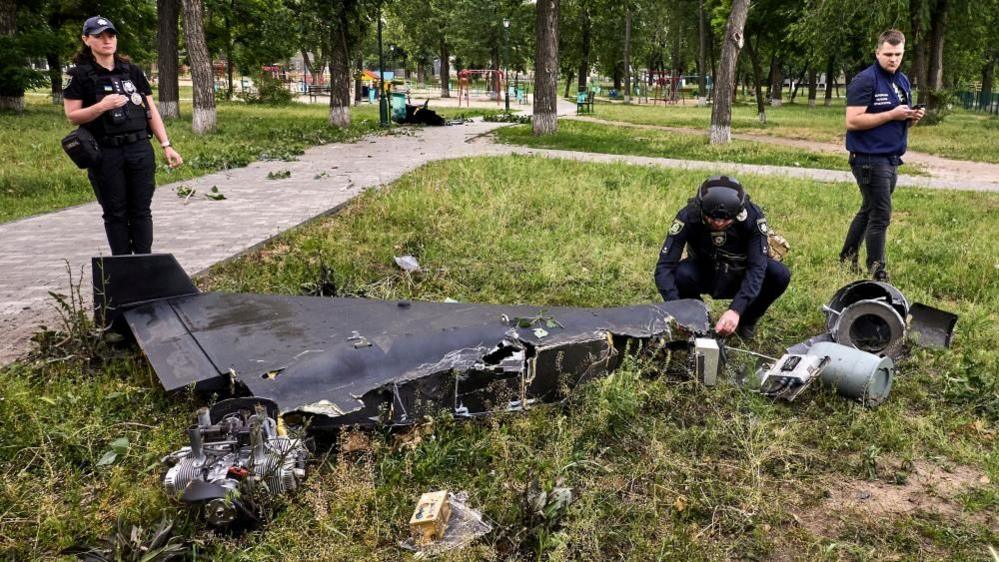 Image caption,Russia has been striking Ukrainian cities with its own upgraded versions of Shahed drones that were initially supplied by Iran