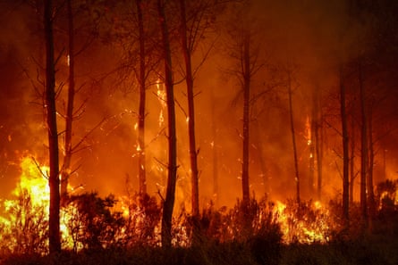 Fire rages in Saint-Jean-d’Illac, some 30km from Bordeaux.Photograph: Romain Perrocheau/AFP/Getty Images