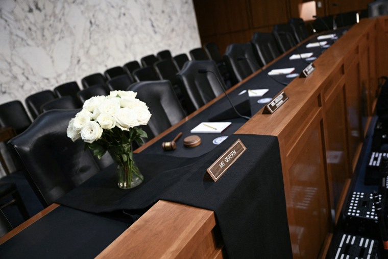 The seat of late Senate Judiciary Committee member Lindsey Graham is draped in black July 15.Brendan Smialowski / AFP via Getty Images
