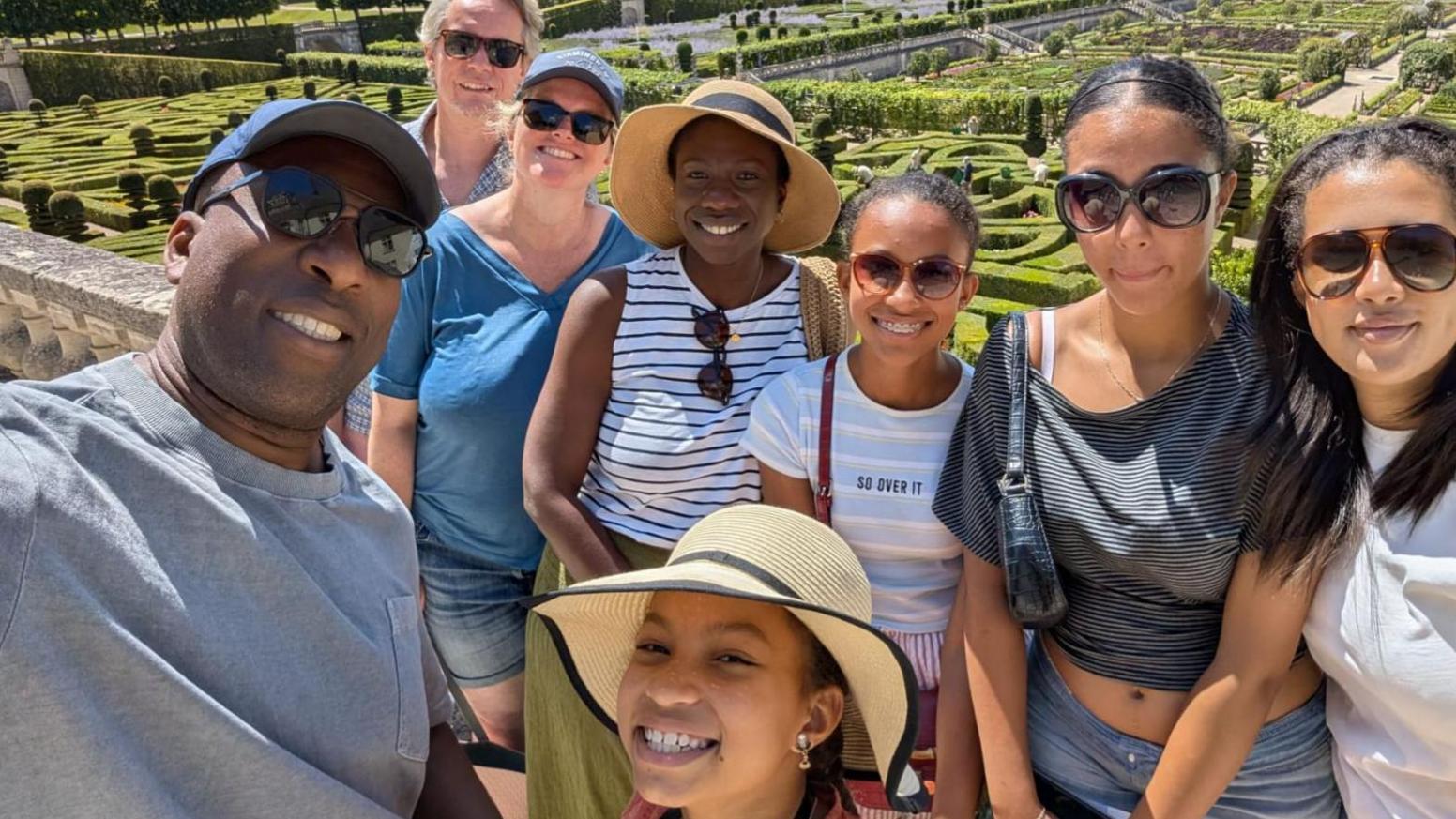 Image caption,Sarah and Georgia's families made it to the Loire Valley over the weekend and have visited Chateau Villandry