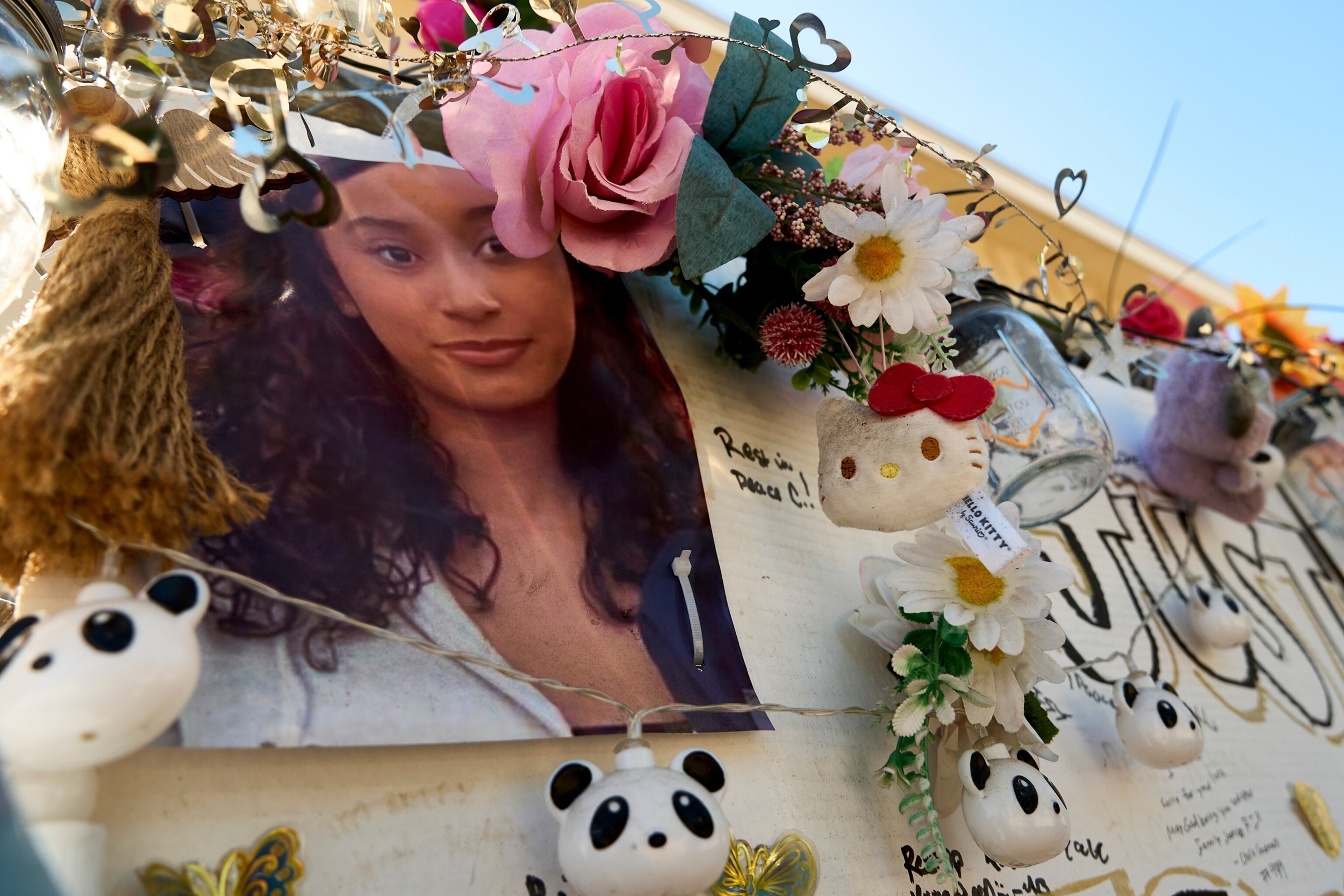 A makeshift memorial for Celeste Rivas Hernandez, whose body was found inside a vehicle owned by singer D4vd, is displayed outside her home in Lake Elsinore, Calif., on April 21, 2026.Damian Dovarganes/AP Photo