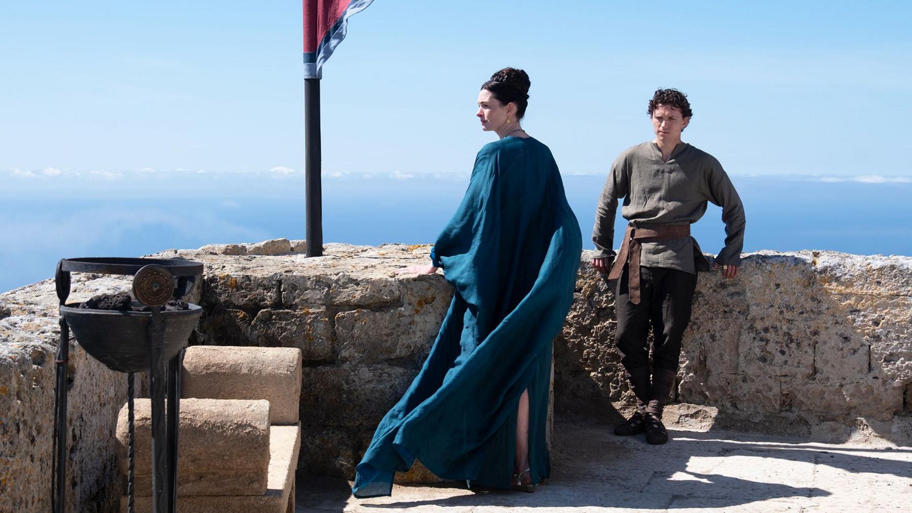 Image caption,Anne Hathaway plays Odysseus's wife Penelope, who's also mother to their son Telemachus (Tom Holland)