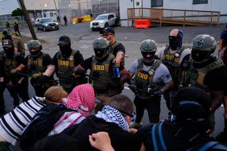 People protest outside Delaney Hall, an immigration detention center, where detainees engaged in a hunger and labor strike in Newark, New Jersey, on 26 May 2026.Photograph: Julius Constantine Motal/The Guardian
