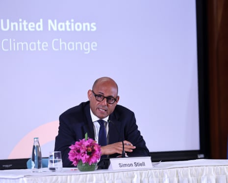 Executive Secretary of the United Nations Framework Convention on Climate Change Simon Stiell delivers a keynote address during a press conference in New Delhi, India.Photograph: Rajat Gupta/EPA